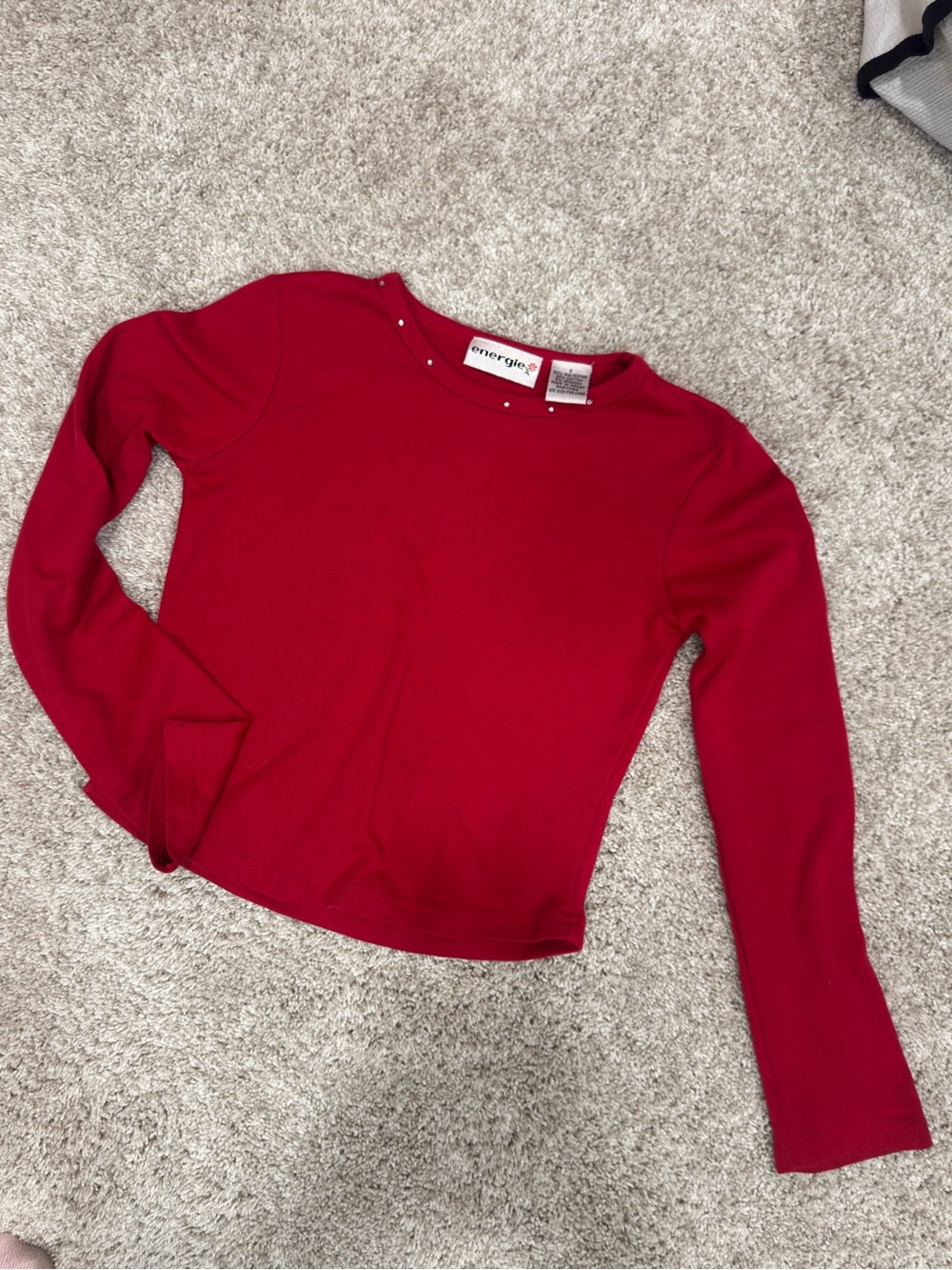 Early 2000s Y2K Girls' Energie Bright Red Long Sleeve Tee with Stud Accents